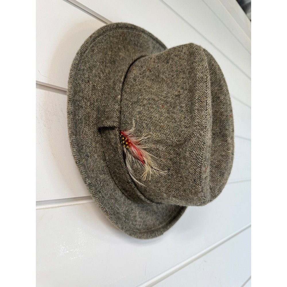 Adam New York Wool Tweed Fedora Hat Olive Green Feather Accent Made in USA Small